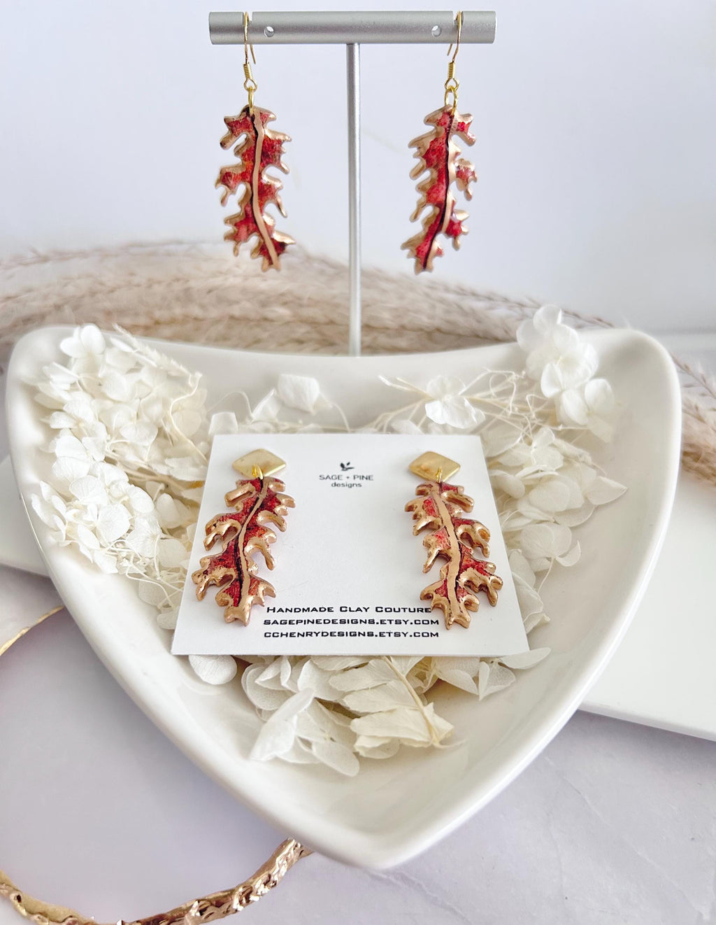 Fall Leaf Clay Earrings, Red and Gold Autumn Dangles, Boho Hypoallergenic Lightweight Jewelry