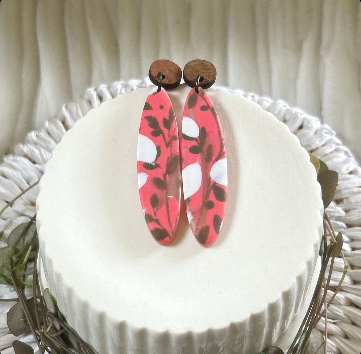 Coral Floral Clay Earrings: Boho Walnut Wood Dangles