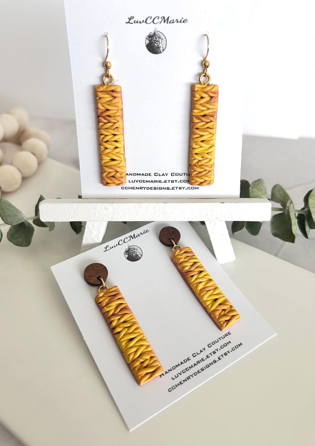 Mustard Knit Dangles, Yellow Clay Earrings, Wood Stud Drops, Lightweight Handmade Unique Fall Jewelry Gift