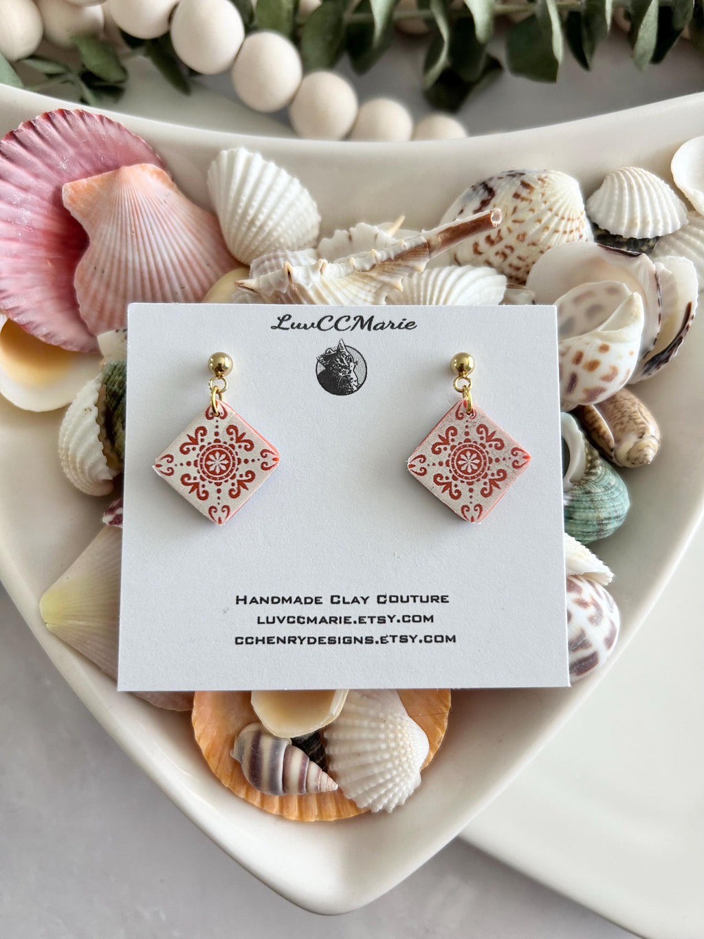 Coral Tile Clay Earrings: Hand-Painted Boho Dangle Jewelry