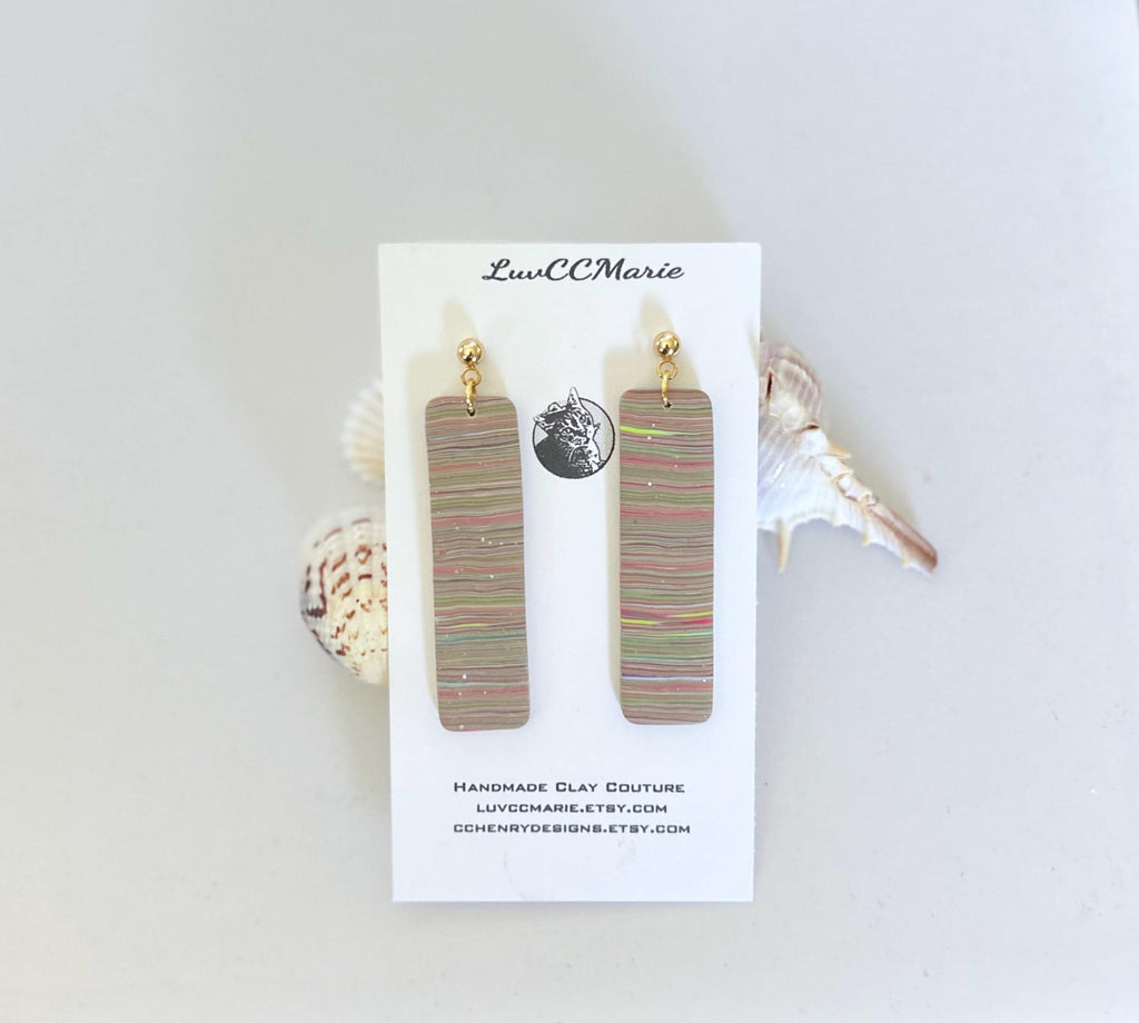Multicolor Long Dangle Earrings, Rainbow Striped Modern Drop Bar Dangles, Colorful Handmade Clay Everyday Jewelry