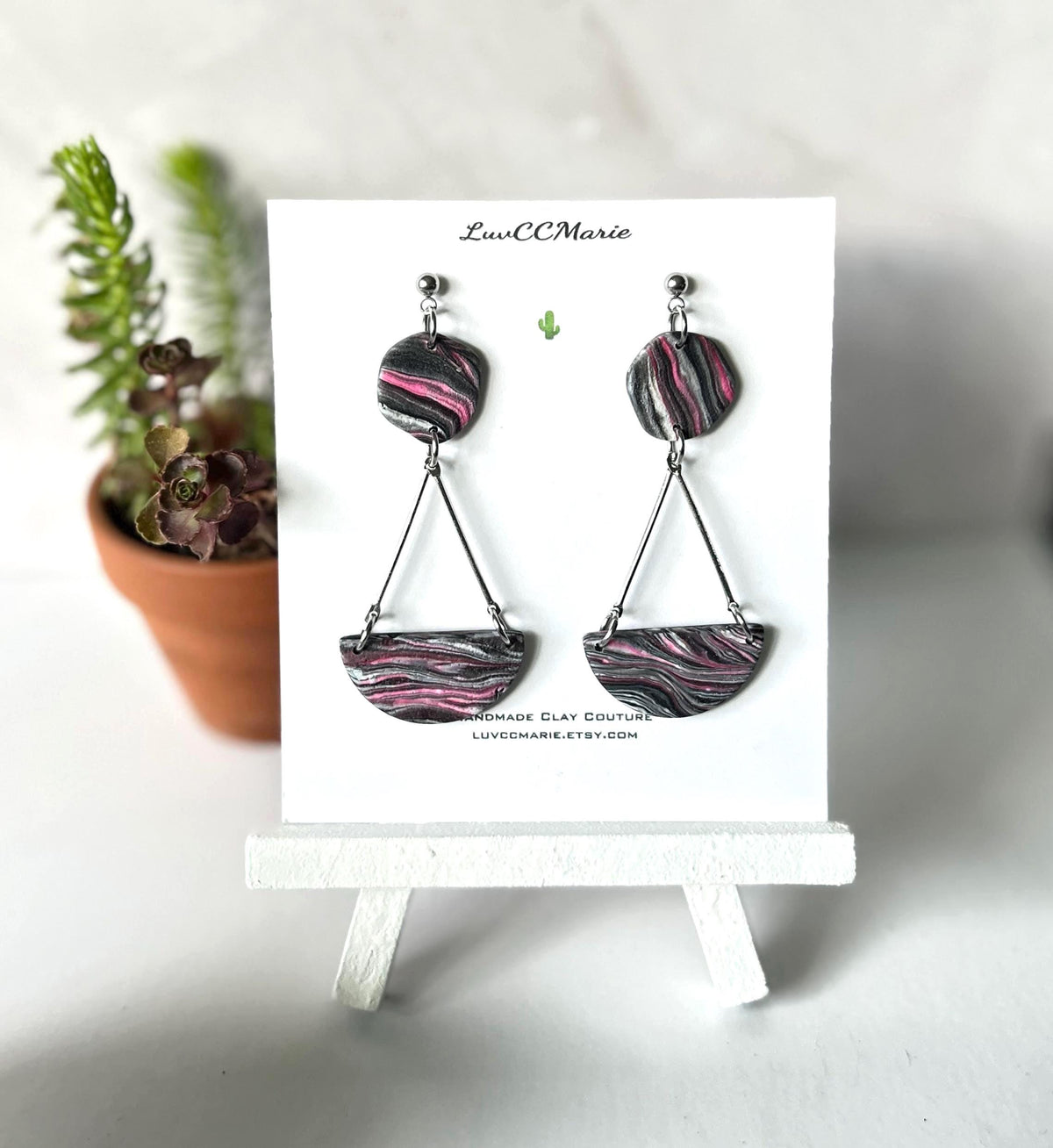 Hot Pink Black and White Zebra Stripe Chandelier Earrings, Clay Dangles, Handmade Jewelry Gift