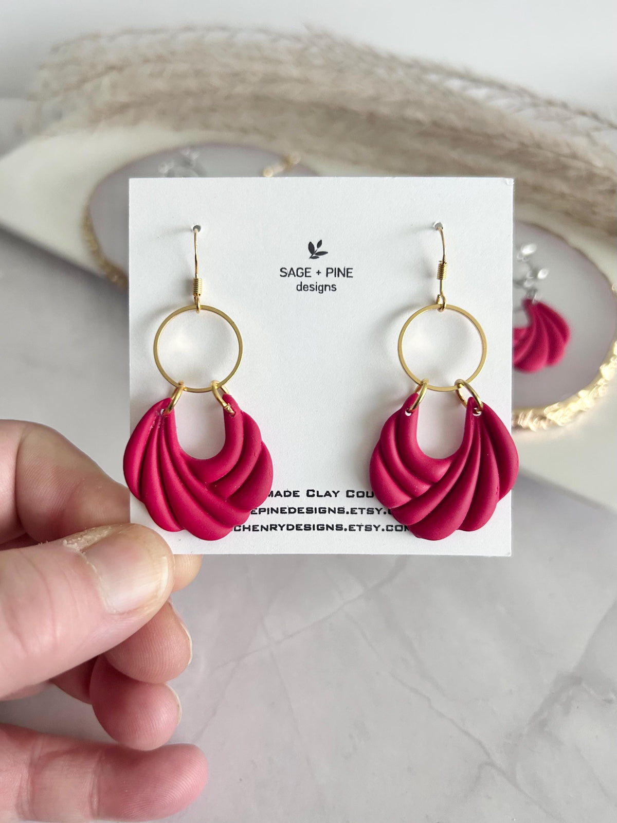 Vibrant Red Clay Dangle Hoop Earrings, Modern Dangles, Lightweight Handmade Polymer Jewelry