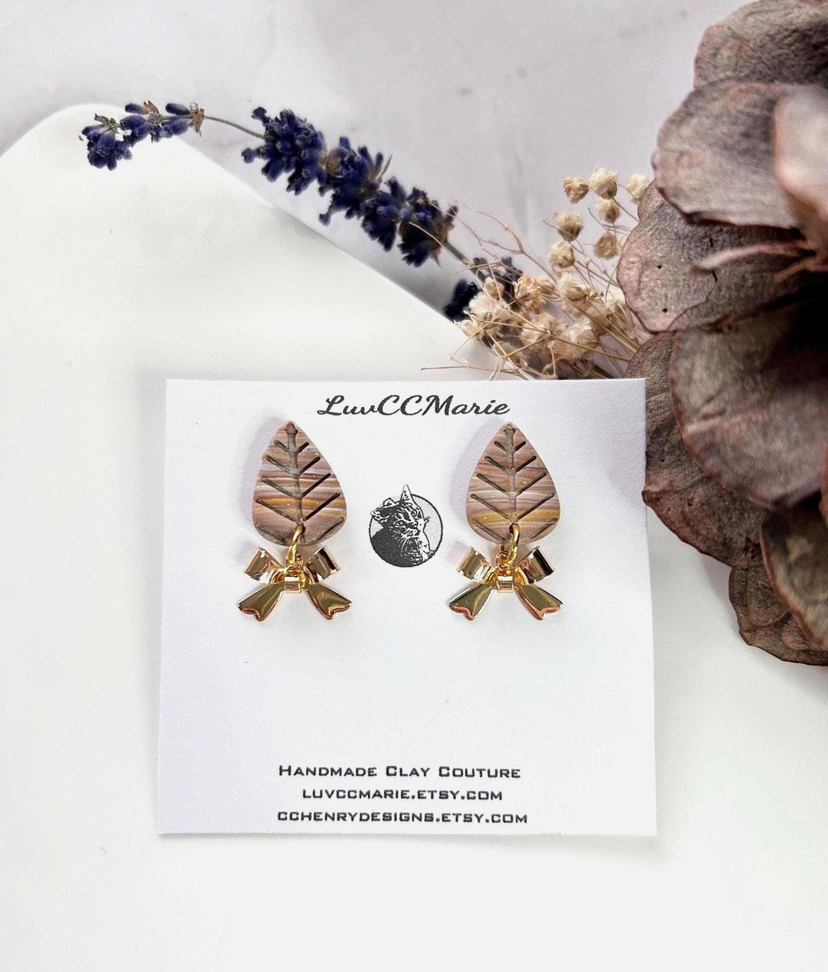 Handmade Leaf Earrings, Neutral Brown Gold Bow Dangles, Boho Lightweight Jewelry