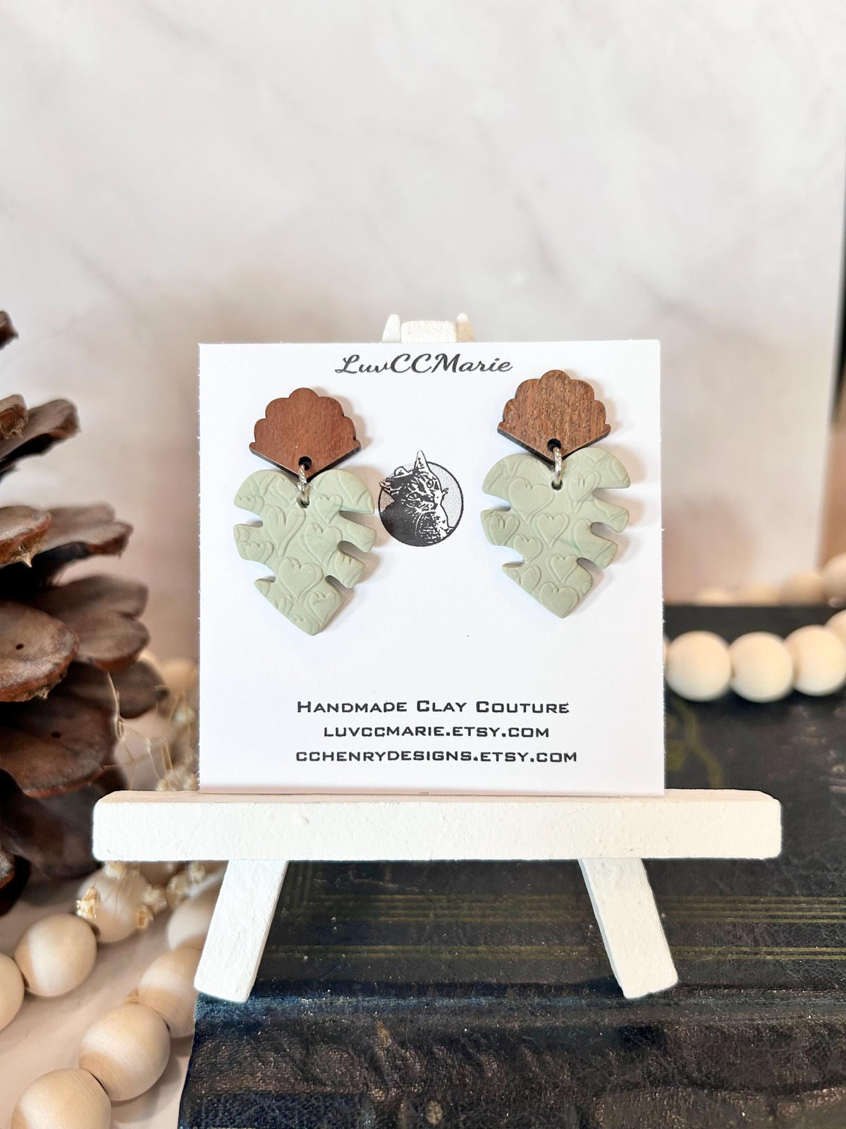 Handmade Sage Green Monstera Heart Clay Earrings, Walnut Studs, Boho Jewelry
