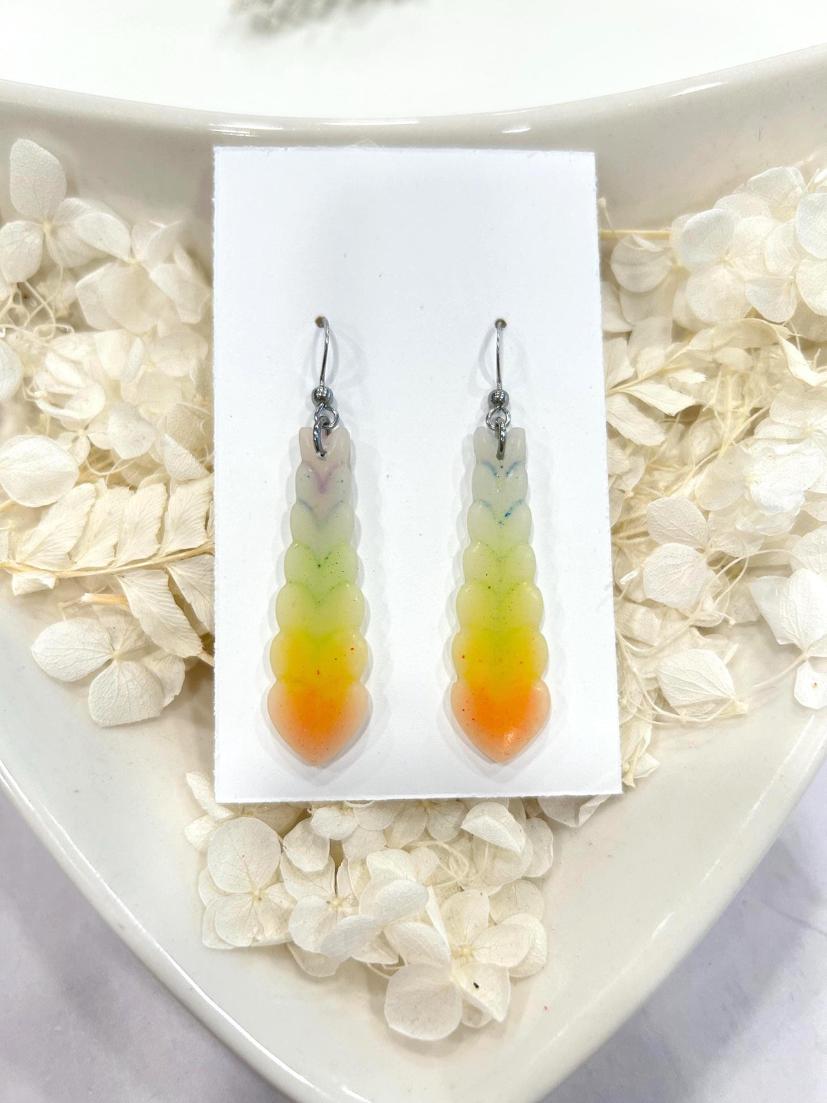 Neon Rainbow Pride Earrings, 80s Long Heart Dangles, Handmade Clay Jewelry Gift