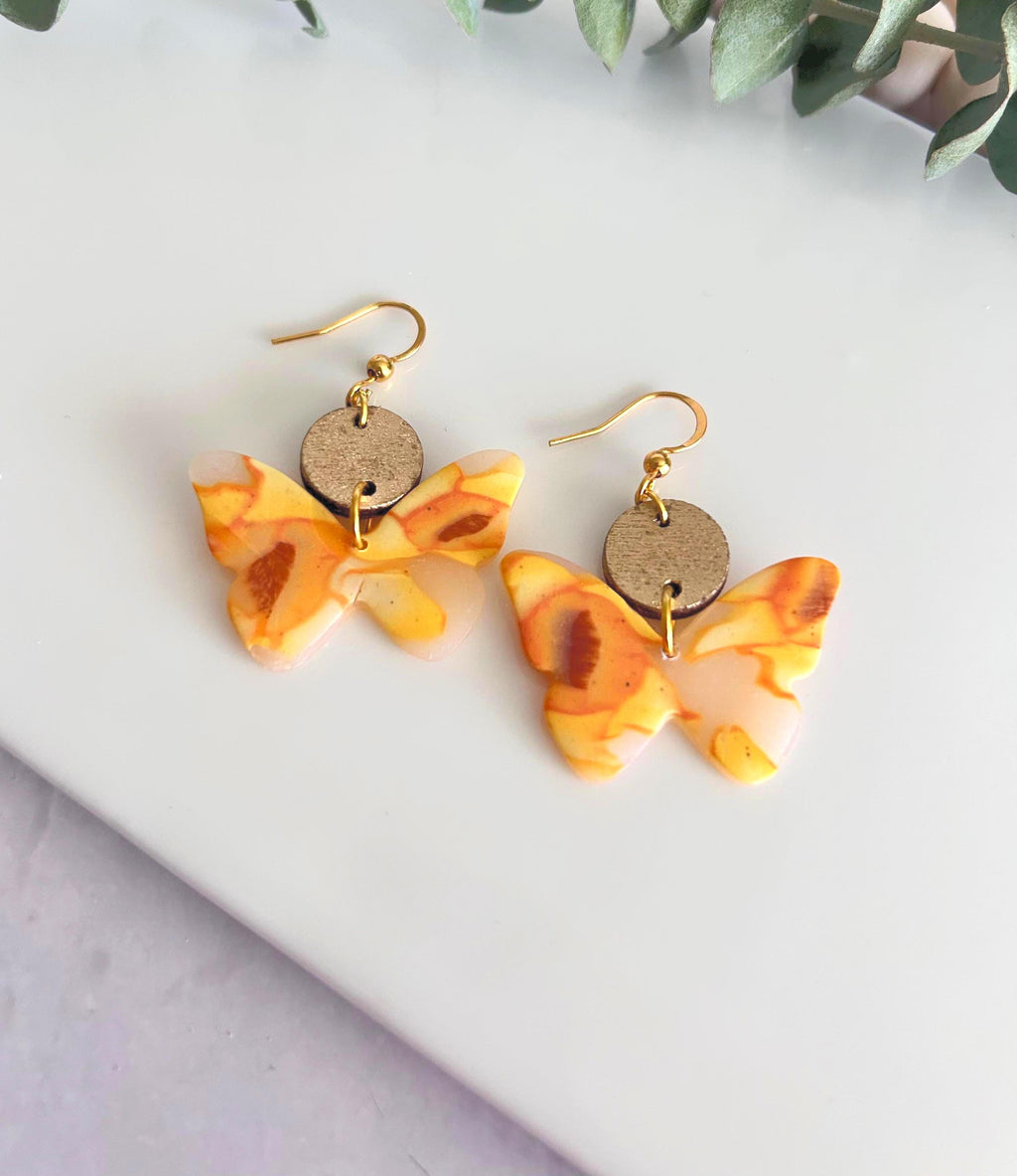 Yellow and Gold Butterfly Earrings, Daffodil Flower Clay and Wood Drop Dangles