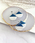 Creamy White and Teal Blue Abstract Fan Dangle Earrings, Handmade Clay Coastal Jewelry