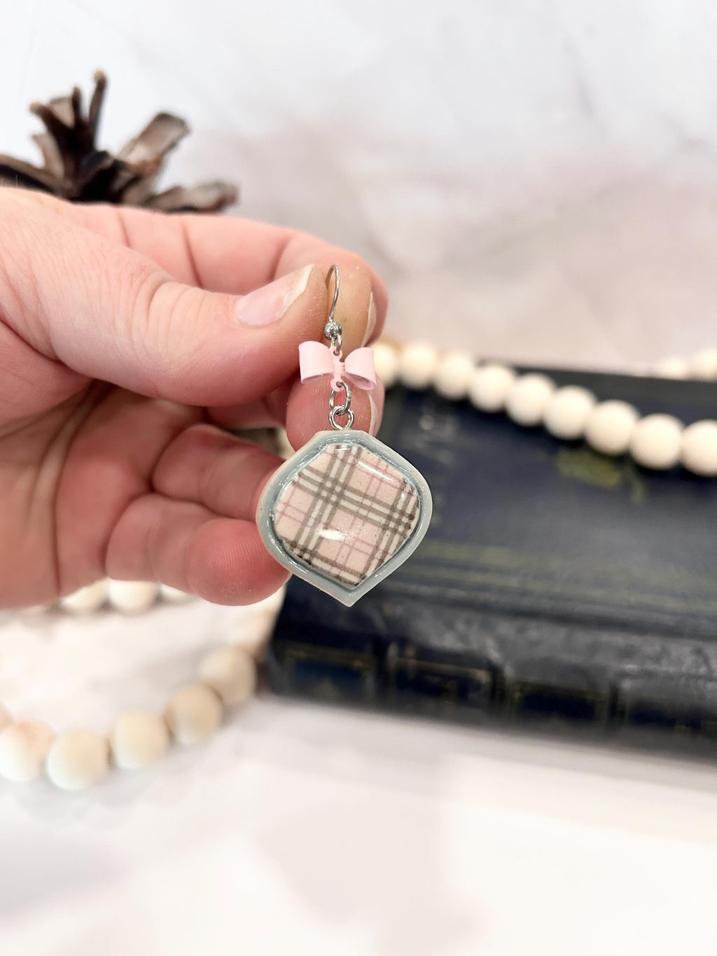 Pastel Pink and Light Gray Plaid Earrings with Bow Charm, Polymer Clay Geometric Dangles