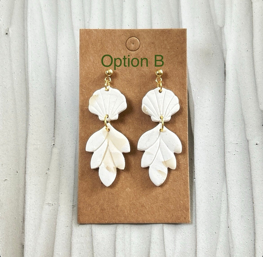 White Cream Beachy Earrings, Coastal Vacation Drop Dangles, Large Leaf Handmade Clay Jewelry Gift