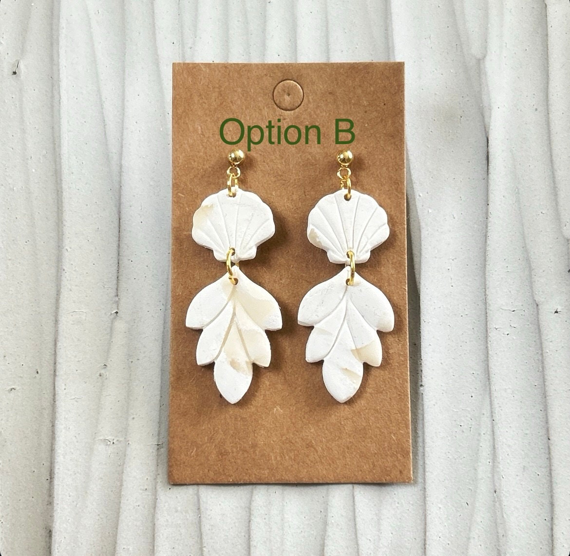 White Cream Beachy Earrings, Coastal Vacation Drop Dangles, Large Leaf Handmade Clay Jewelry Gift