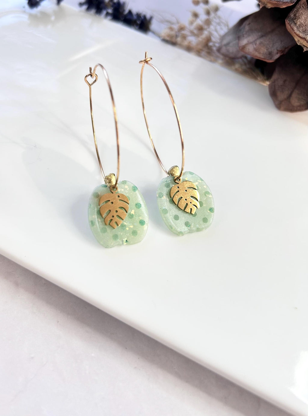 Green Polka Dot Pumpkin Earrings, Gold Leaf Clay Hoop Dangles, Fall Boho Jewelry