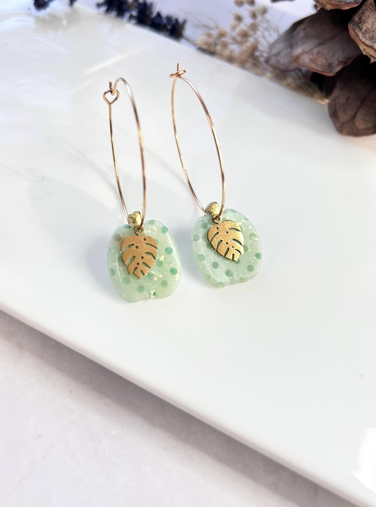 Green Polka Dot Pumpkin Earrings, Gold Leaf Clay Hoop Dangles, Fall Boho Jewelry