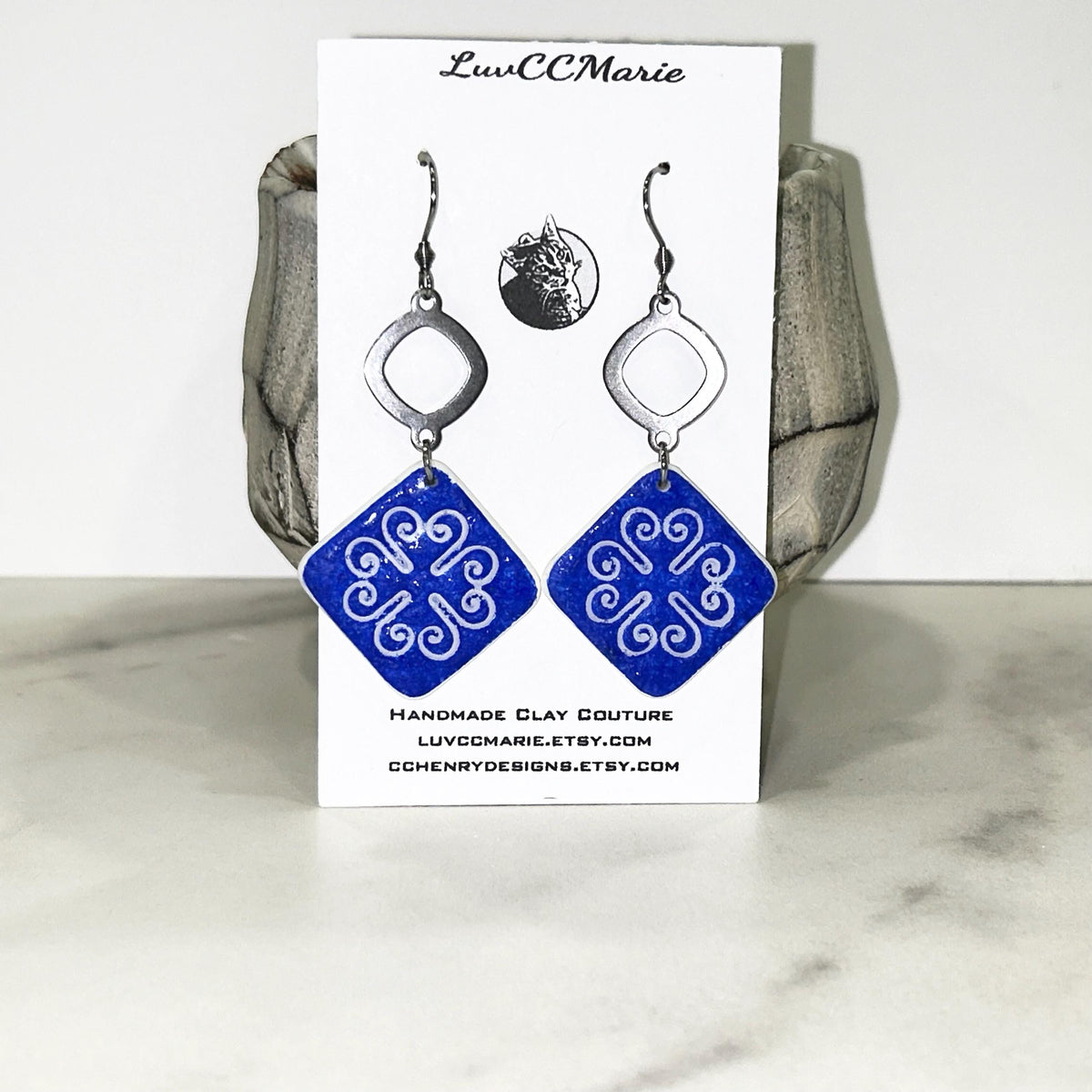 Square Cobalt Tile Talavera Earrings, Santorini Delft Blue Dangles, Handmade Boho Clay Jewelry