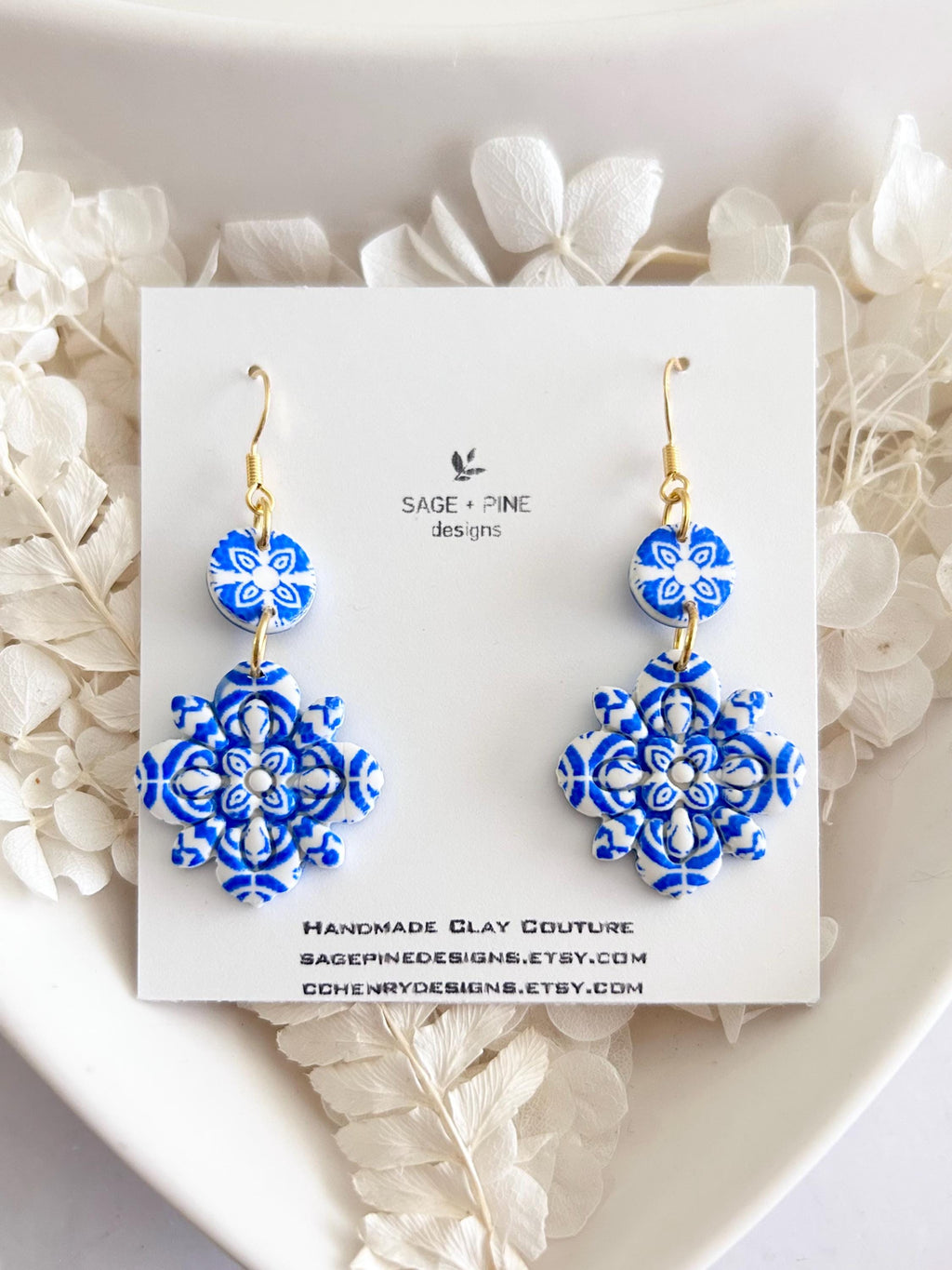 Blue & White Santorini Tile Clay Earrings, Flower Drop Dangles, Athens Jewelry Mediterranean Gift