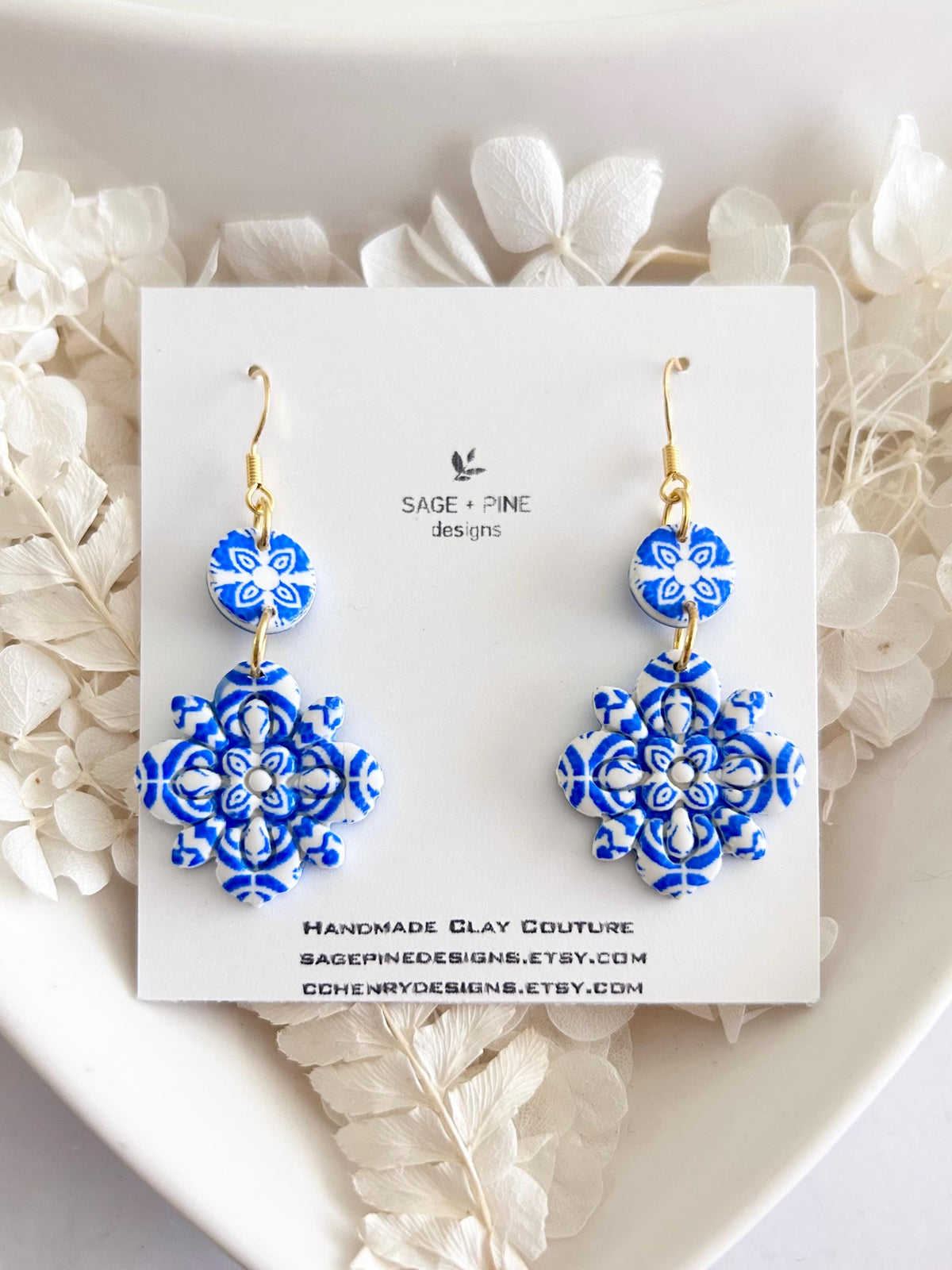 Blue & White Santorini Tile Clay Earrings, Flower Drop Dangles, Athens Jewelry Mediterranean Gift