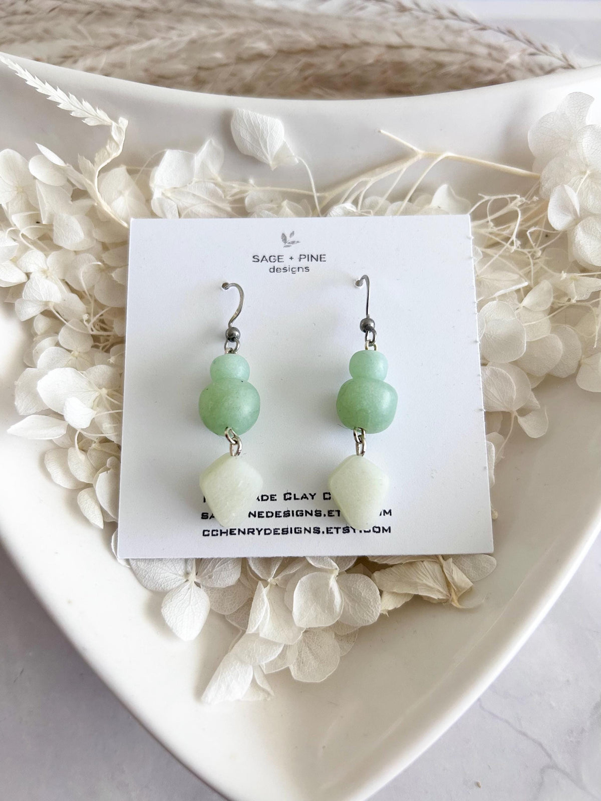 Jade Mint Beaded Dangles, Clay Drop Long Earrings, Light Green Modern Unique Handmade Jewelry