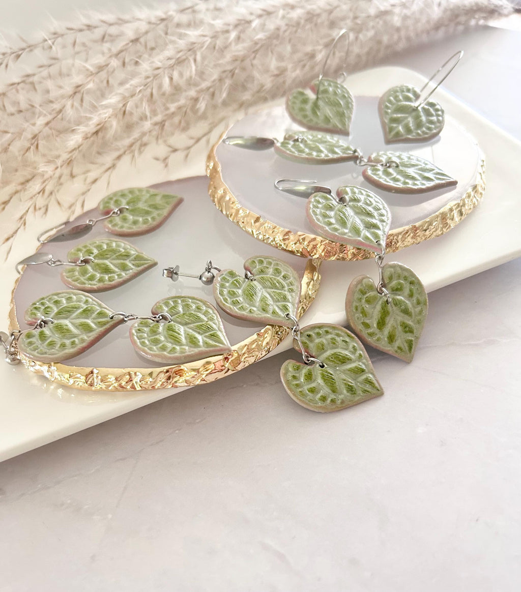 String of Hearts Leaf Earrings, Olive Pink Leaf Dangles, Clay Drop Houseplant Jewelry