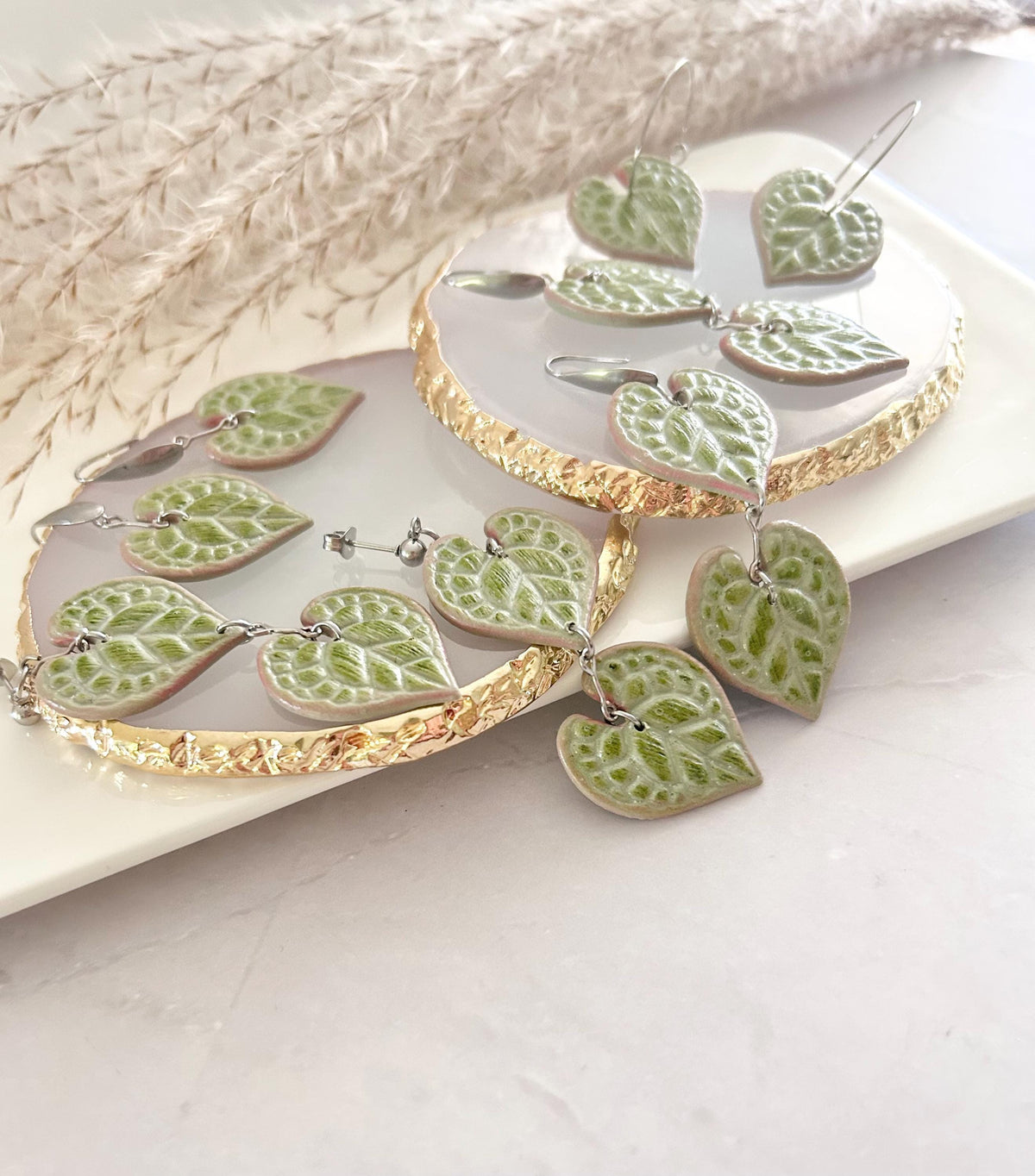 String of Hearts Leaf Earrings, Olive Pink Leaf Dangles, Clay Drop Houseplant Jewelry