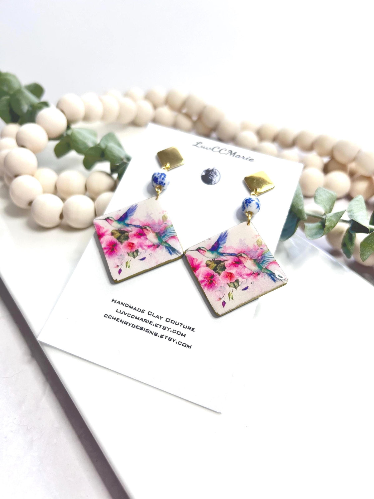 Hummingbird Bead Dangles Earrings, White, Pink and Light Blue Handmade Clay Jewelry Gift