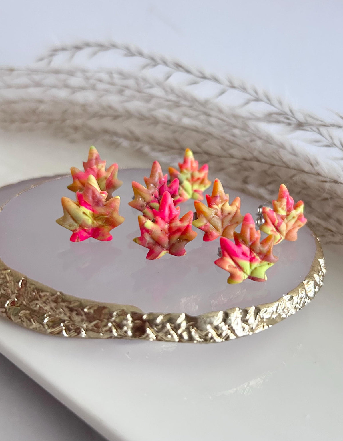 Fall Neon Stud Earrings, Maple Leaf Clay Studs, Handmade Multicolor Leaves Jewelry