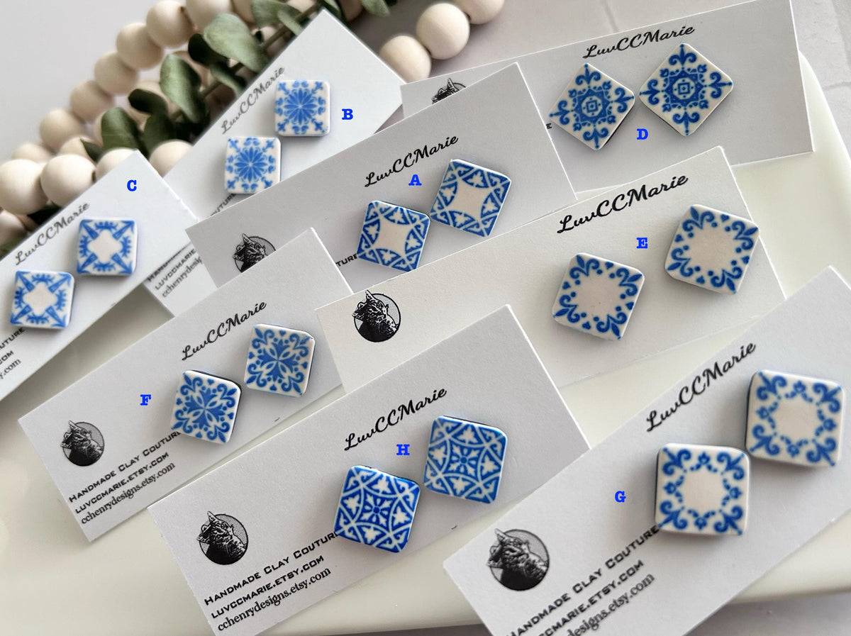 Handmade Santorini Tile Stud Earrings, Blue White Polymer Clay, Boho Jewelry