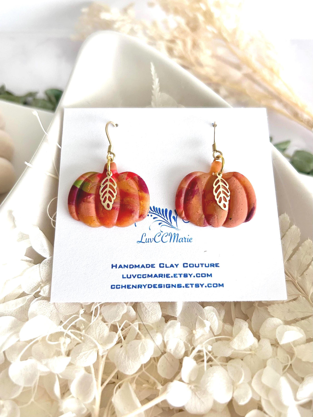 Pumpkin Hoops, Burgundy Marbled Fall Earrings, Gold Leaf Hoop Dangles, Handmade Clay Autumn Jewelry