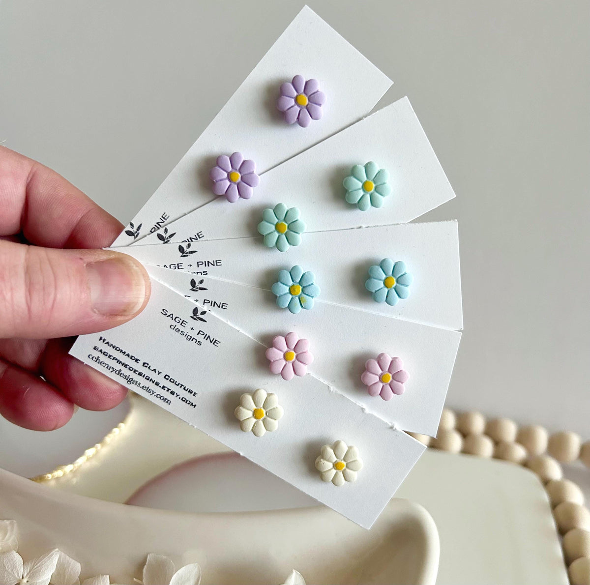 Flower Studs, Daisy Earrings, Boho Clay Floral Jewelry, Purple, Light Blue, Cream, Mint, Pink