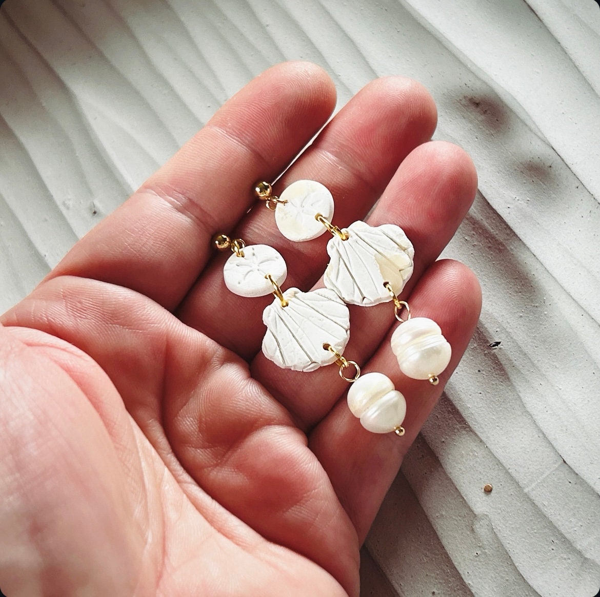 Sea Shell Earrings Clay Dangles, Seashell, Sand Dollar & Pearl Handmade Fashion Boho Jewelry
