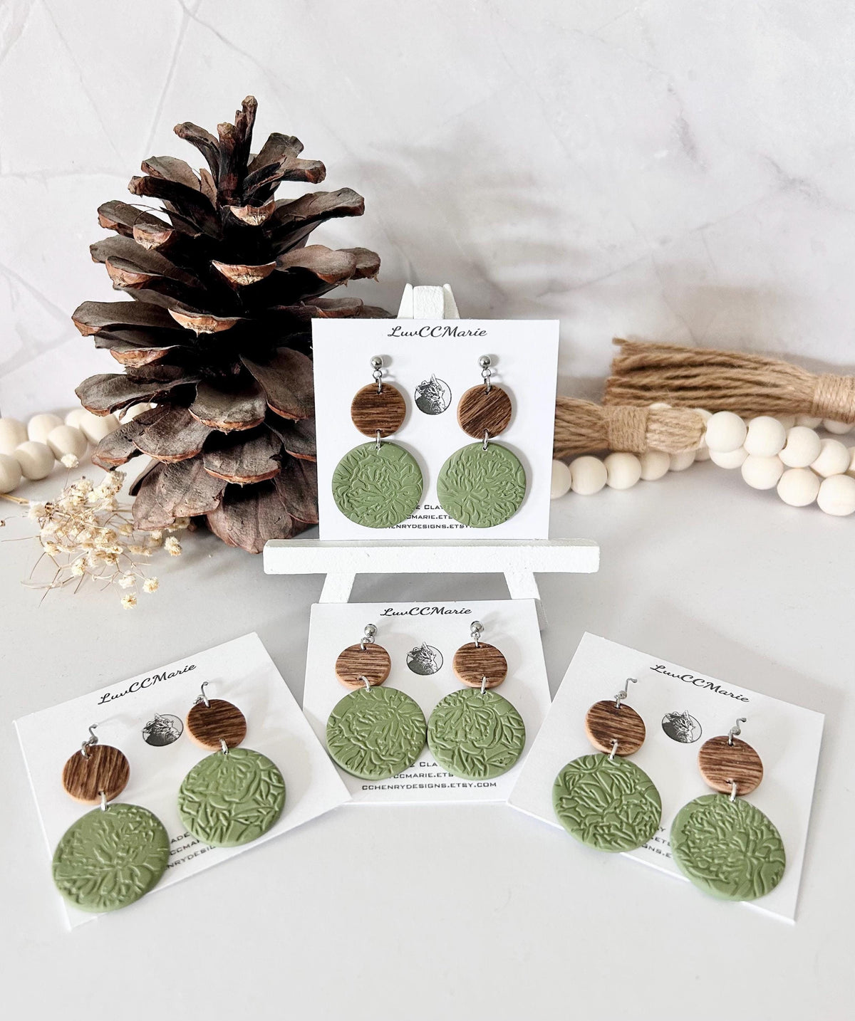 Olive Green Earrings, Stamped Clay Wood Embossed Floral Botanical Boho Handmade Fashion Jewelry