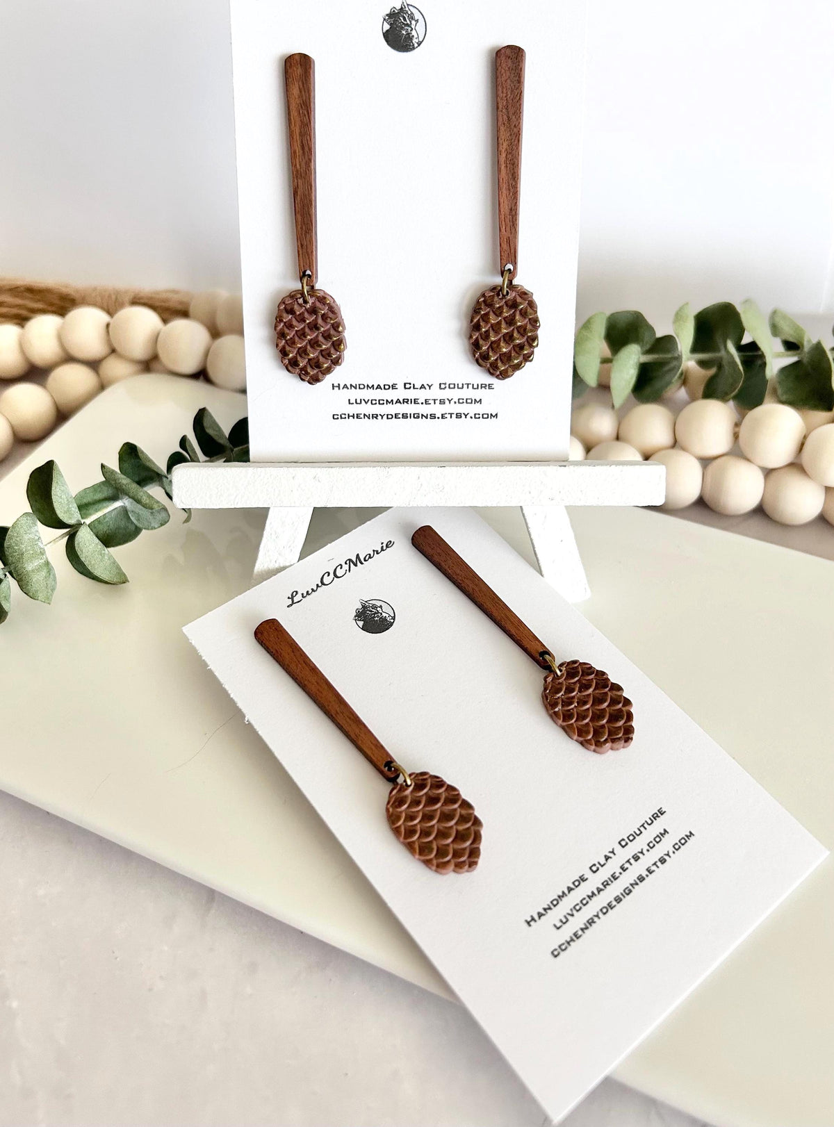 Pine Cone Clay Earrings, Wood Bar Drop Dangles, Handmade Lightweight Boho Jewelry