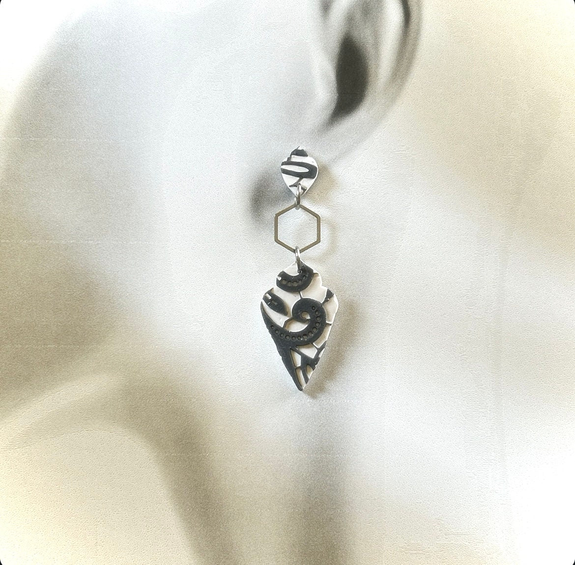 Black and White Boho Earrings, Charcoal Lace Embossed Floral Clay Dangles, Handmade Jewelry