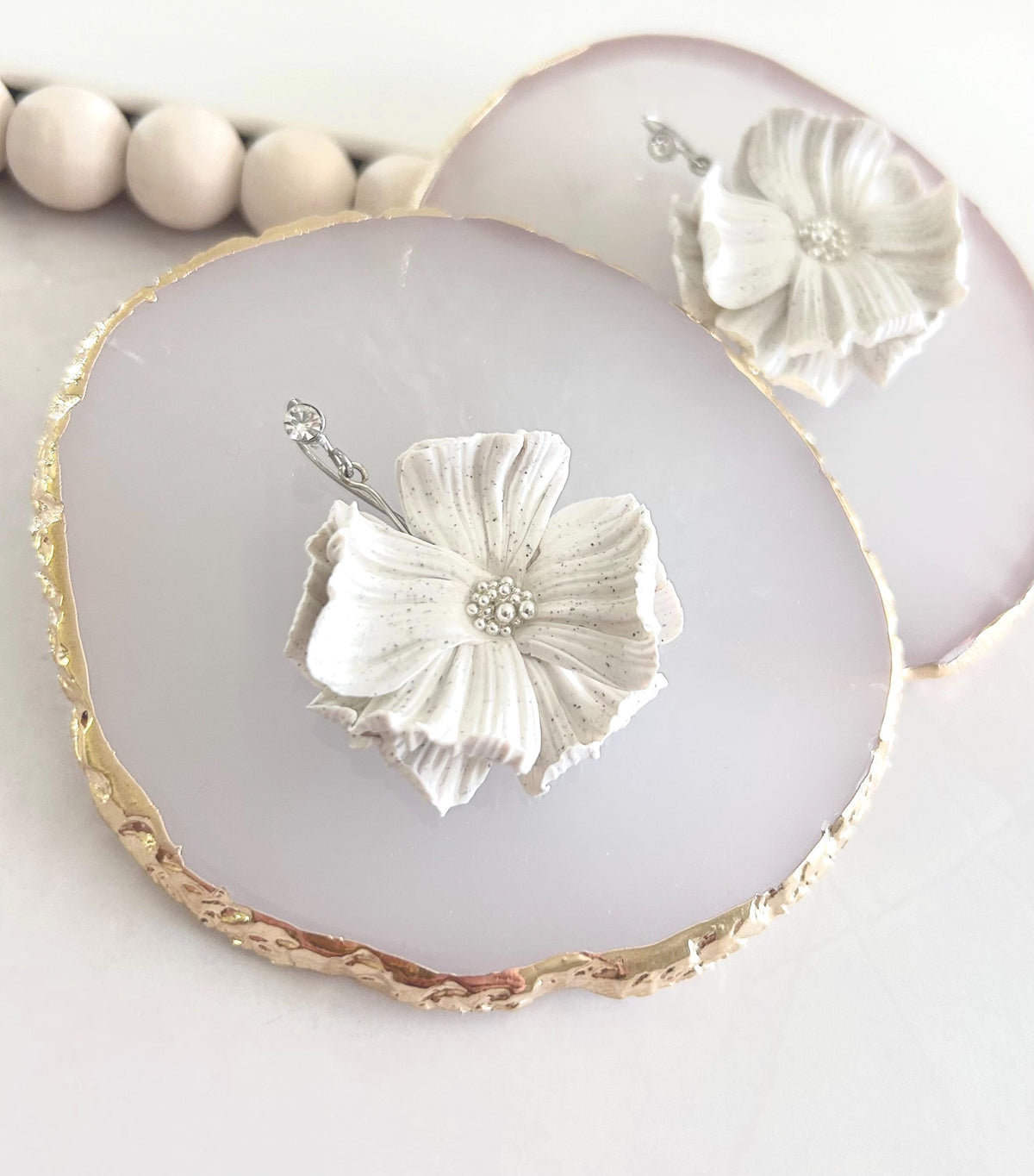 White Dangle Flower Earrings, Big Floral Drop Dangles, Silver Rhinestone Unique Statement Jewelry Gift