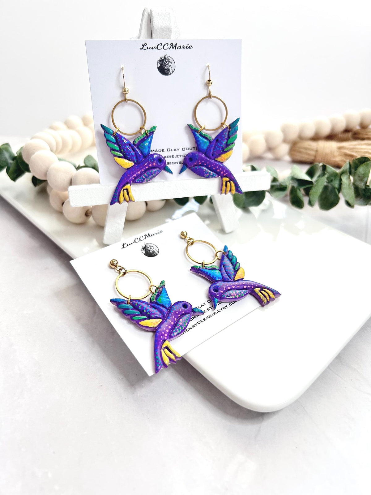 Painted Bird Earrings, Hummingbird Dangles, Purple Wings, Boho Hoops Clay Jewelry, Handmade Art