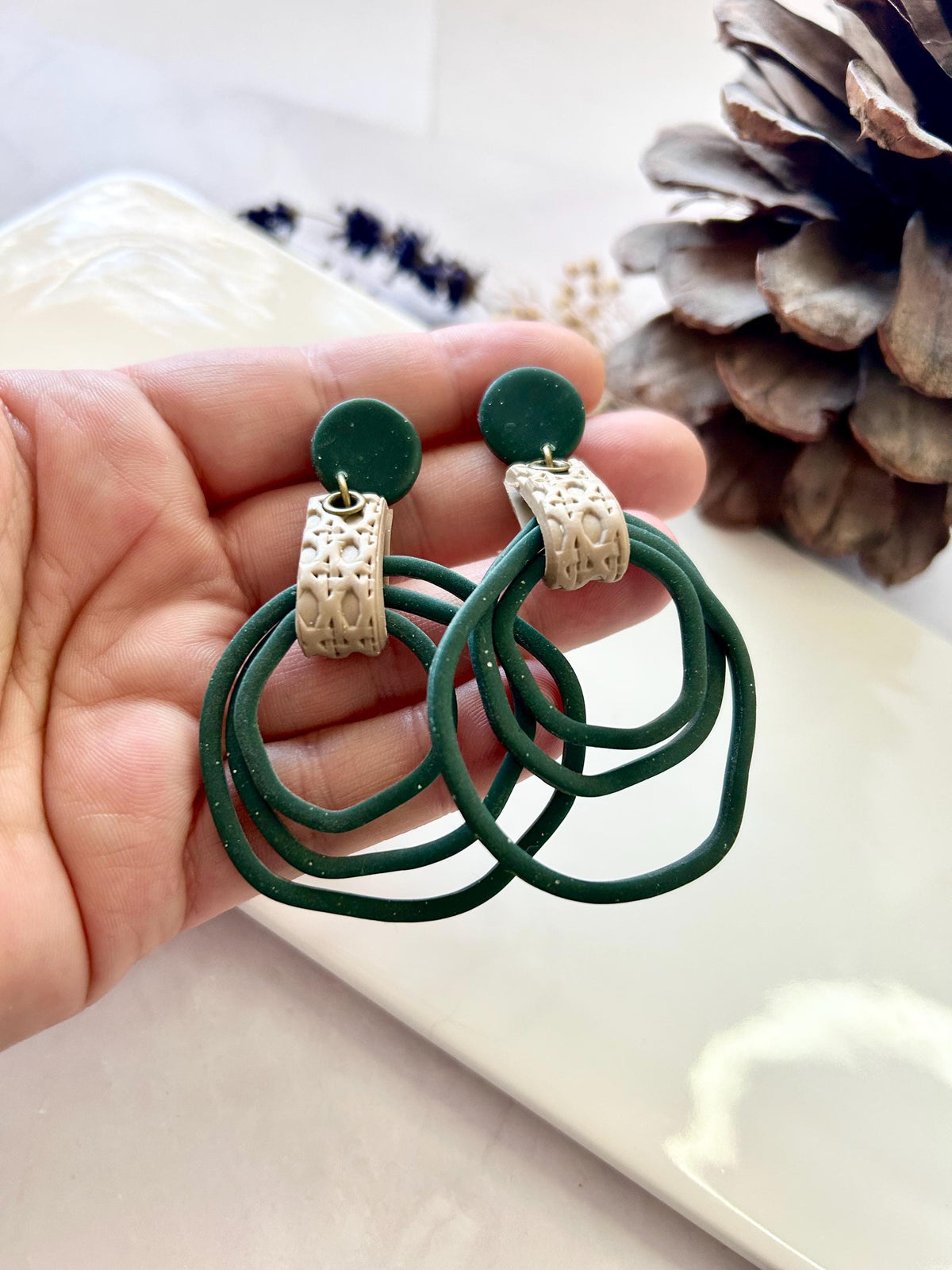 Dark Green Hoop Earrings, Forest Green Large Thin Hoops, Long Hanging Art Nouveau Drops, Unique Artisanal Dangles