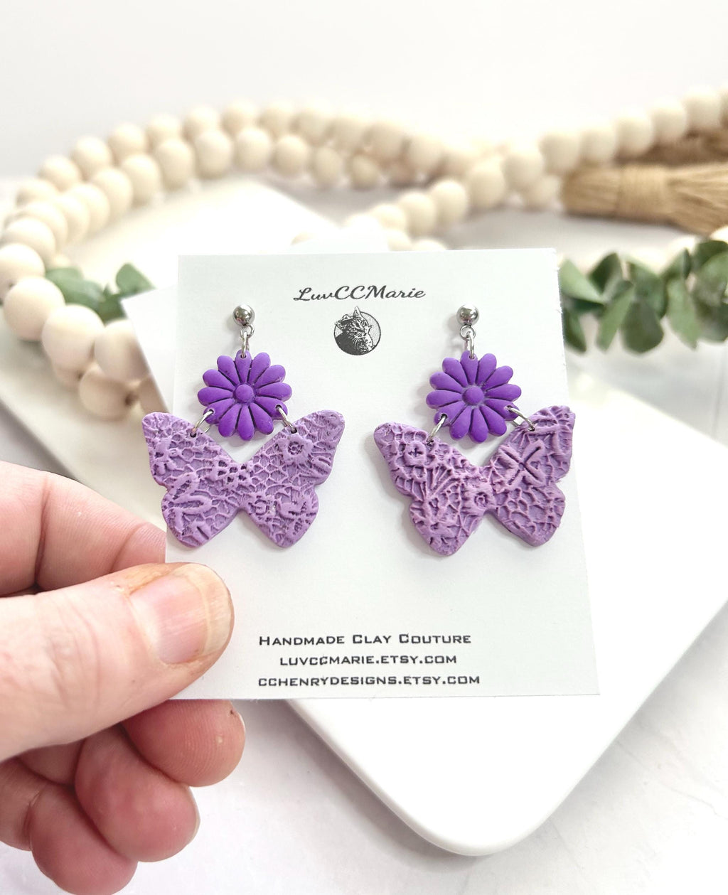 Purple Butterfly Clay Earrings: Handmade Daisy Flower Dangles