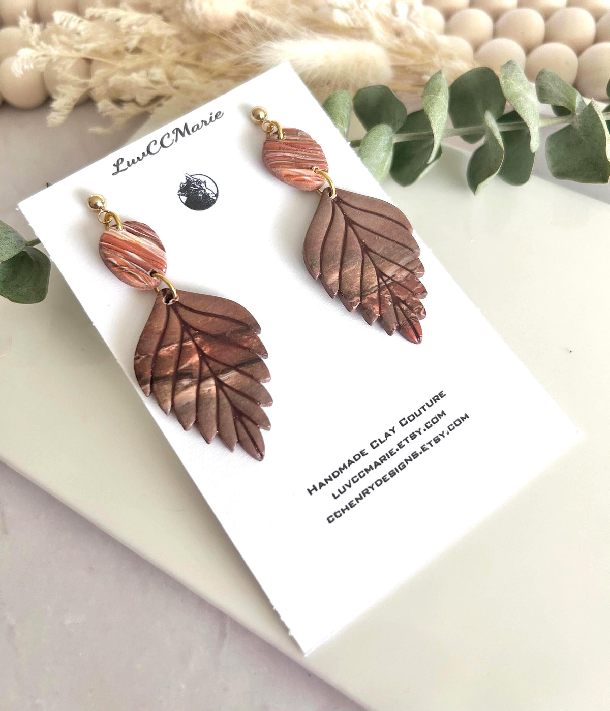 Brown Fall Leaf Earrings, Marbled Dangles, Handmade Clay Autumn Jewelry