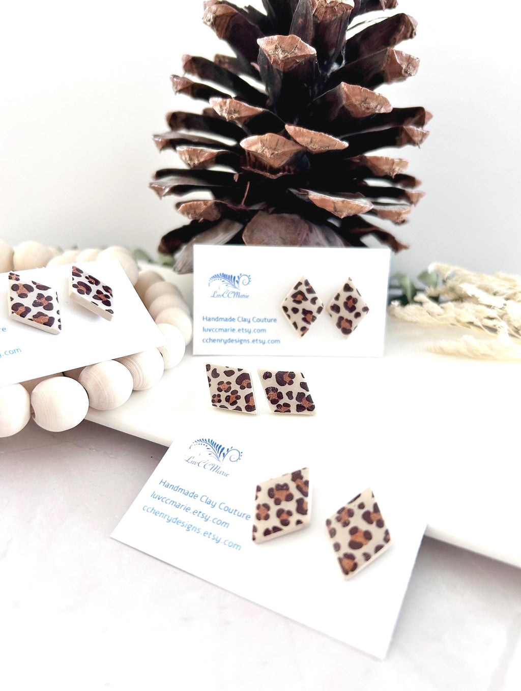 Leopard Print Stud Earrings, Cream and Brown Clay Studs, Trendy Geometric Handmade Jewelry Gift