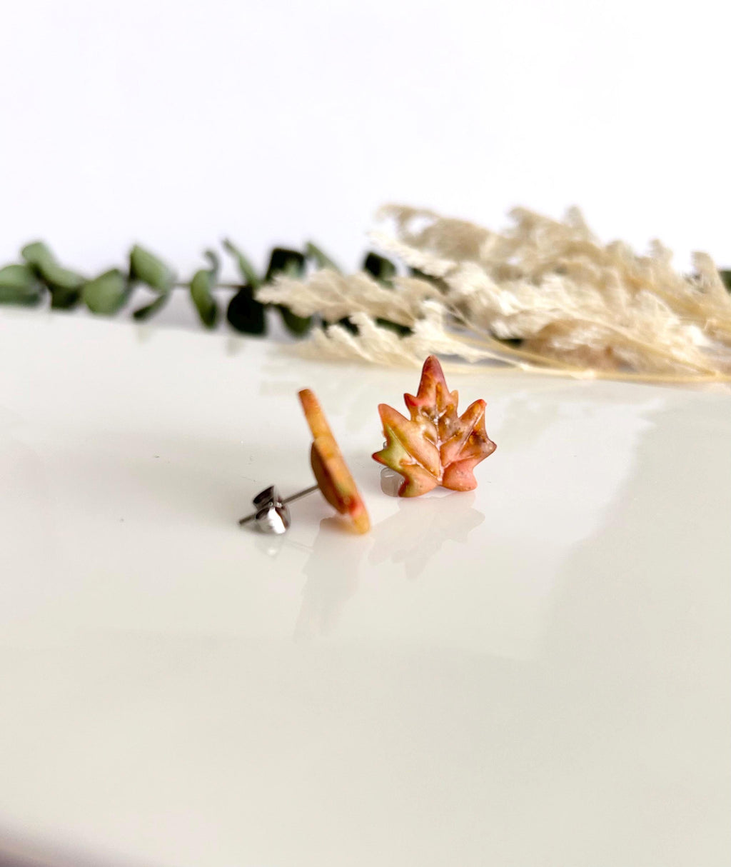 Maple Leaf Stud Earrings, Clay Studs, Handmade Multicolor Fall Jewelry