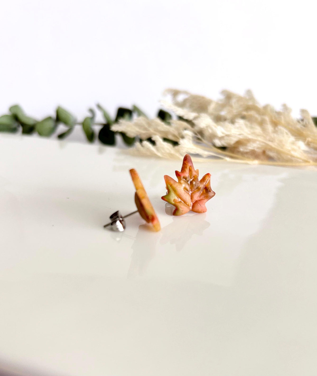 Maple Leaf Stud Earrings, Clay Studs, Handmade Multicolor Fall Jewelry