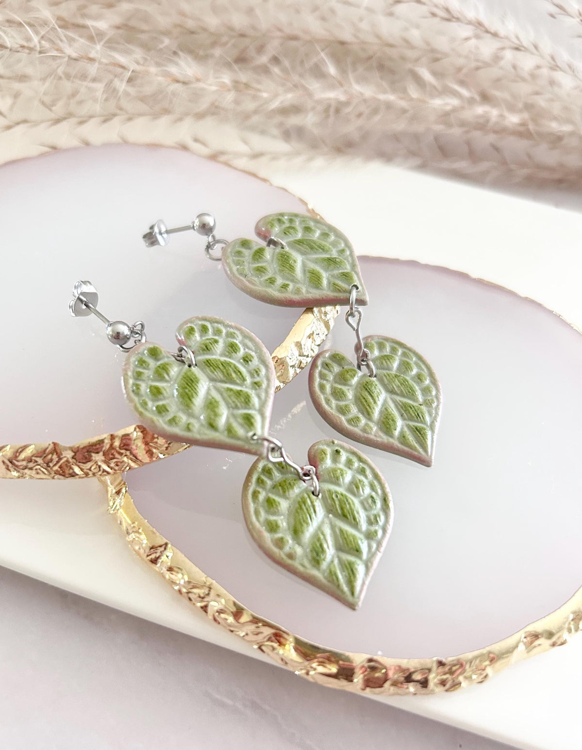 String of Hearts Leaf Earrings, Olive Pink Leaf Dangles, Clay Drop Houseplant Jewelry