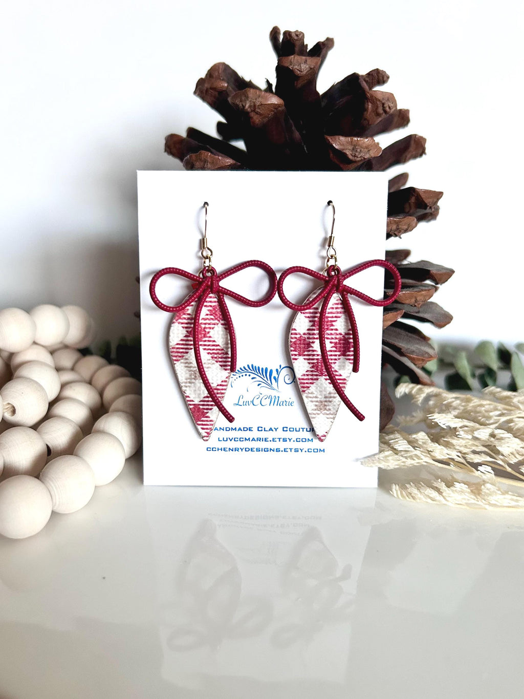 Dark Burgundy Red Earrings, Gingham Plaid Bow Dangles, Boho Handmade Clay Jewelry