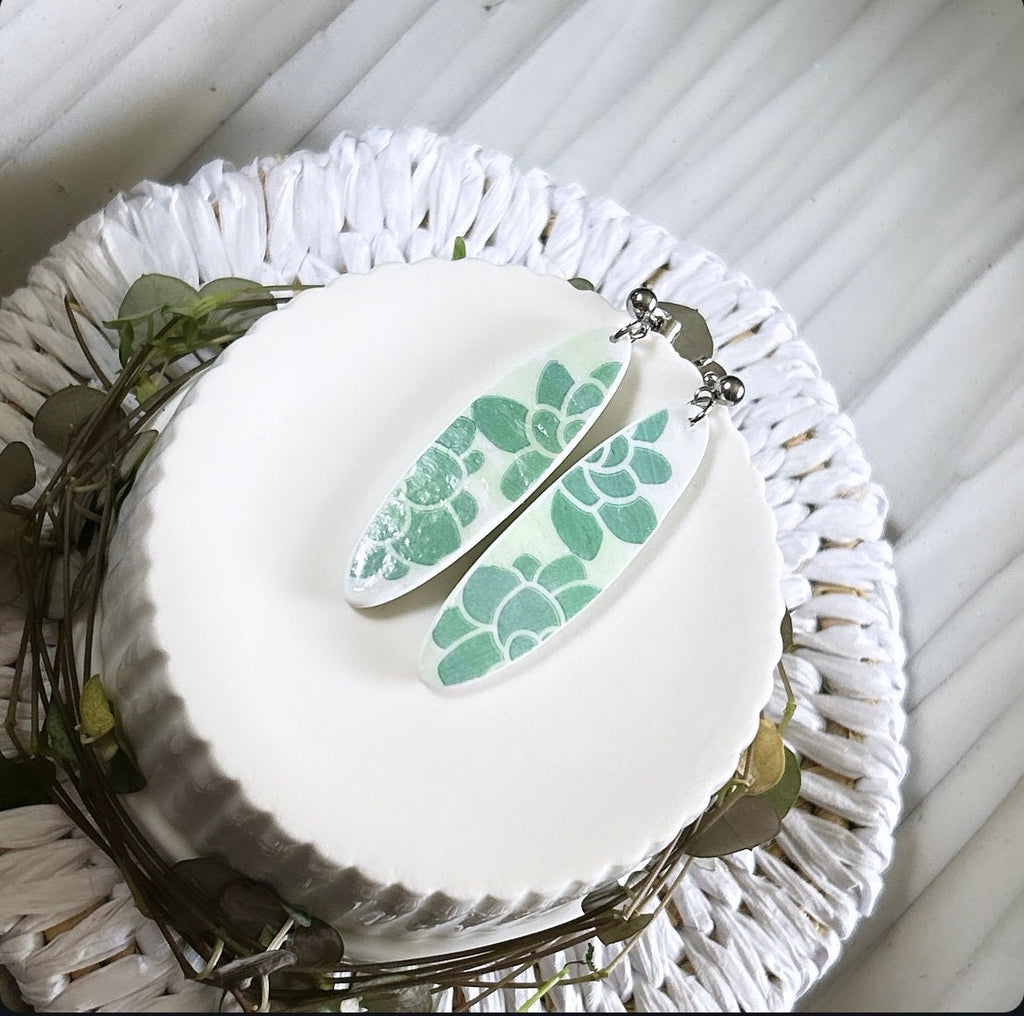 Mint Green Surfboard Earrings, Succulent Plant Dangles, Handmade Clay Coastal Beach Vacation Jewelry