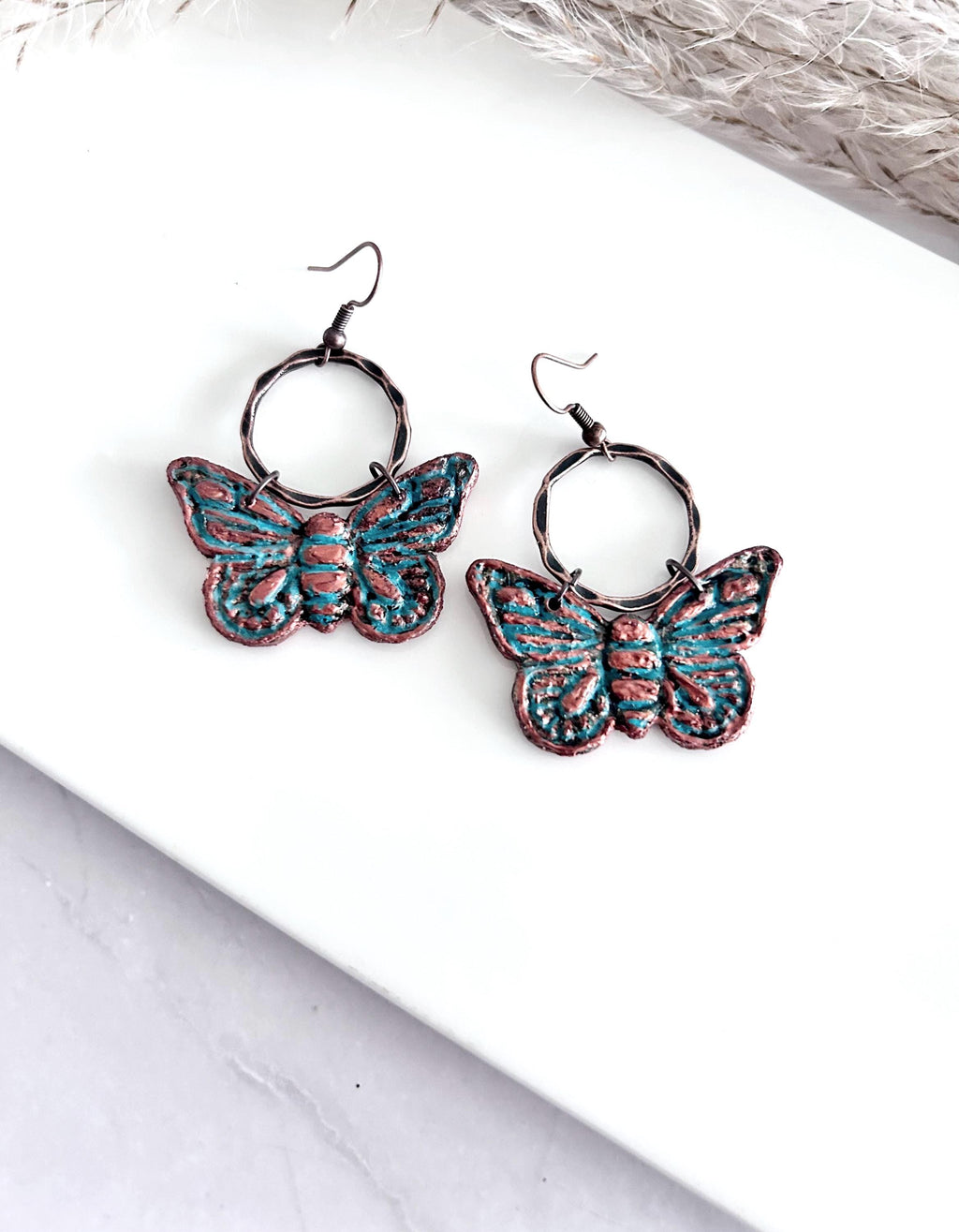 Copper Patina Rustic Moth Clay Earrings, Blue Green Insect Dangles, Lightweight Hypoallergenic