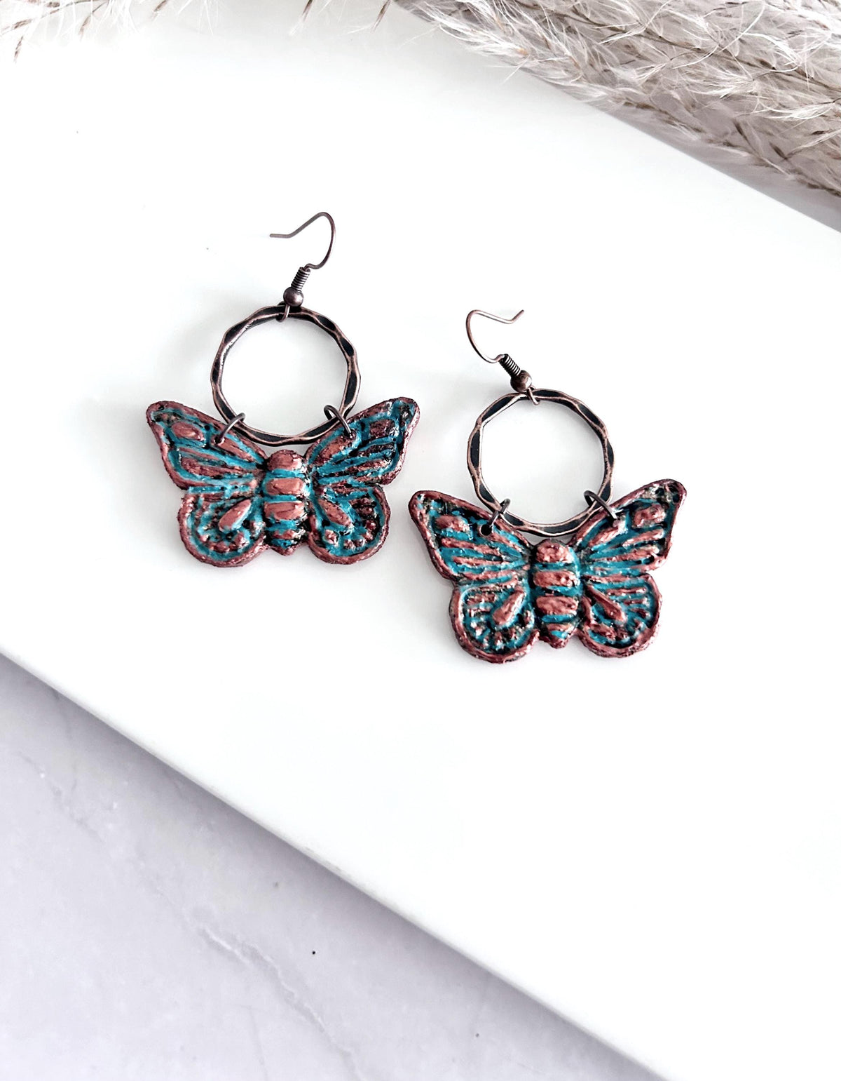 Copper Patina Rustic Moth Clay Earrings, Blue Green Insect Dangles, Lightweight Hypoallergenic