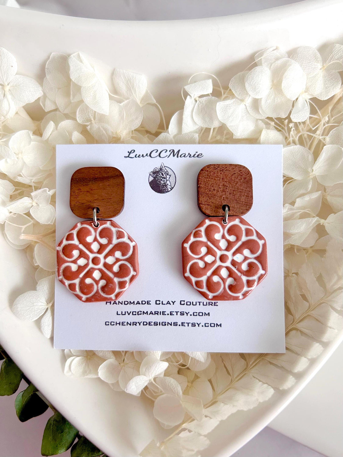 Mexican Tile Terracotta Earrings, Brown and White Clay & Wood Drop Stud Dangles, Handmade Jewelry