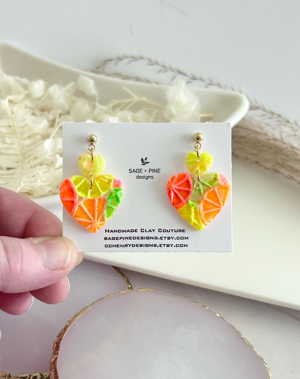 Neon Orange Heart Earrings, Grapefruit, Lemon, Lime, Unique Handcrafted Dangles, 90s Statement Clay Jewelry