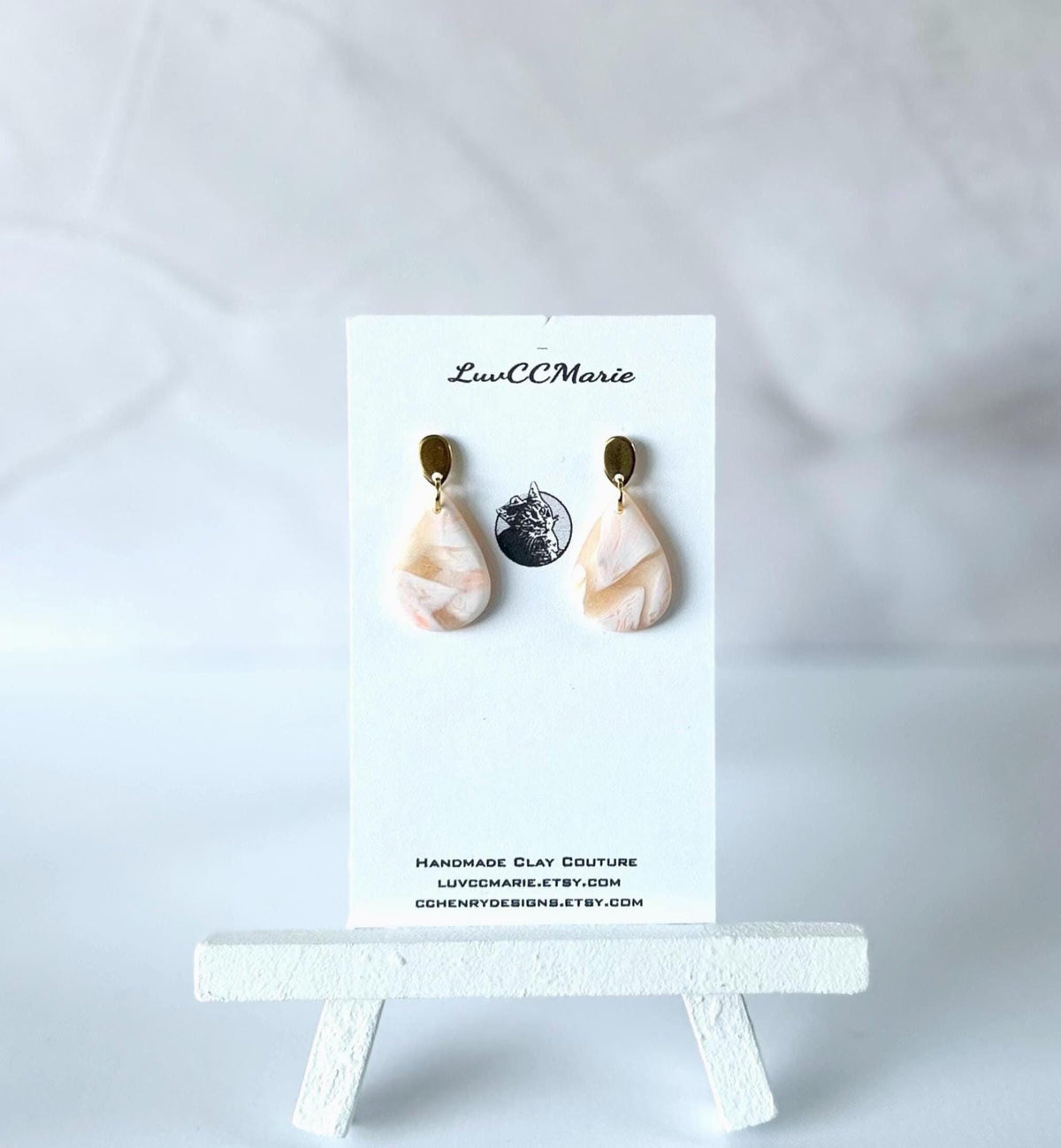 Peach and White Marbled Clay Drop Earrings, Teardrop Spring or Summer Dangles, Handmade Jewelry