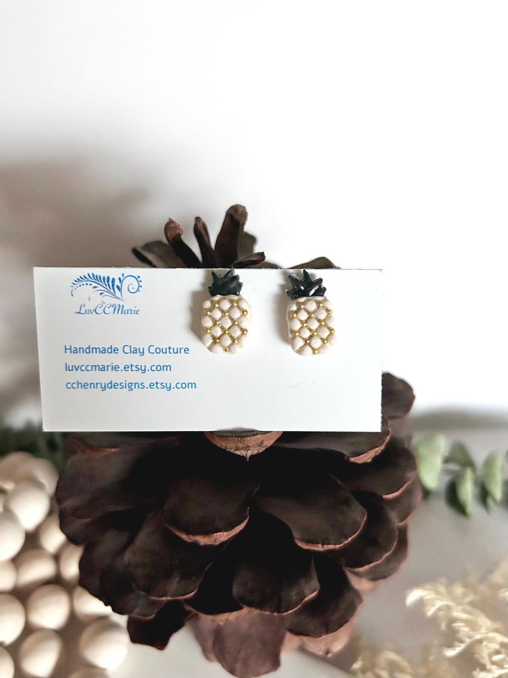 Pineapple Studs, Black and White Post Earrings, Handmade Clay Modern Jewelry