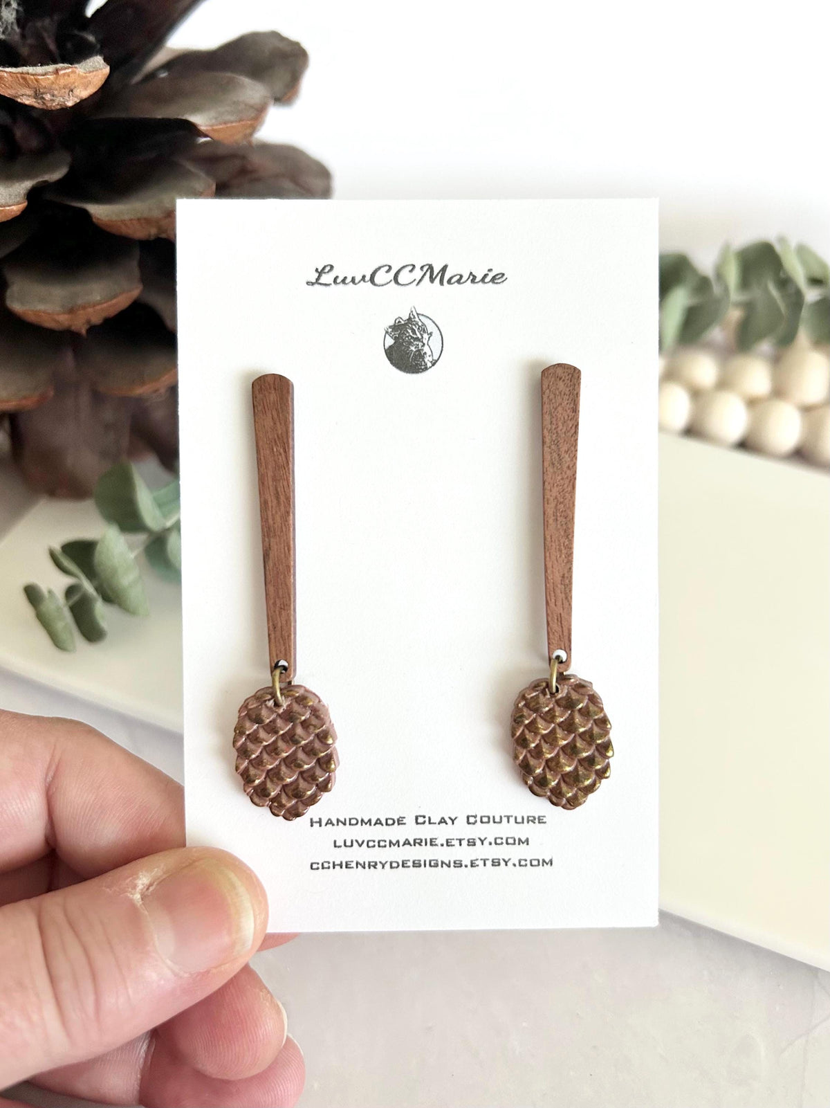 Pine Cone Clay Earrings, Wood Bar Drop Dangles, Handmade Lightweight Boho Jewelry